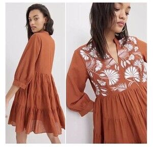 Anthropologie Samant Chauhan Dress M Embroidered Tiered Mini Boho Festival Chic